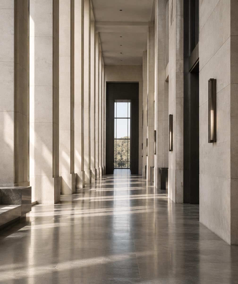 Interior de arquitectura institucional con columnas y luz natural