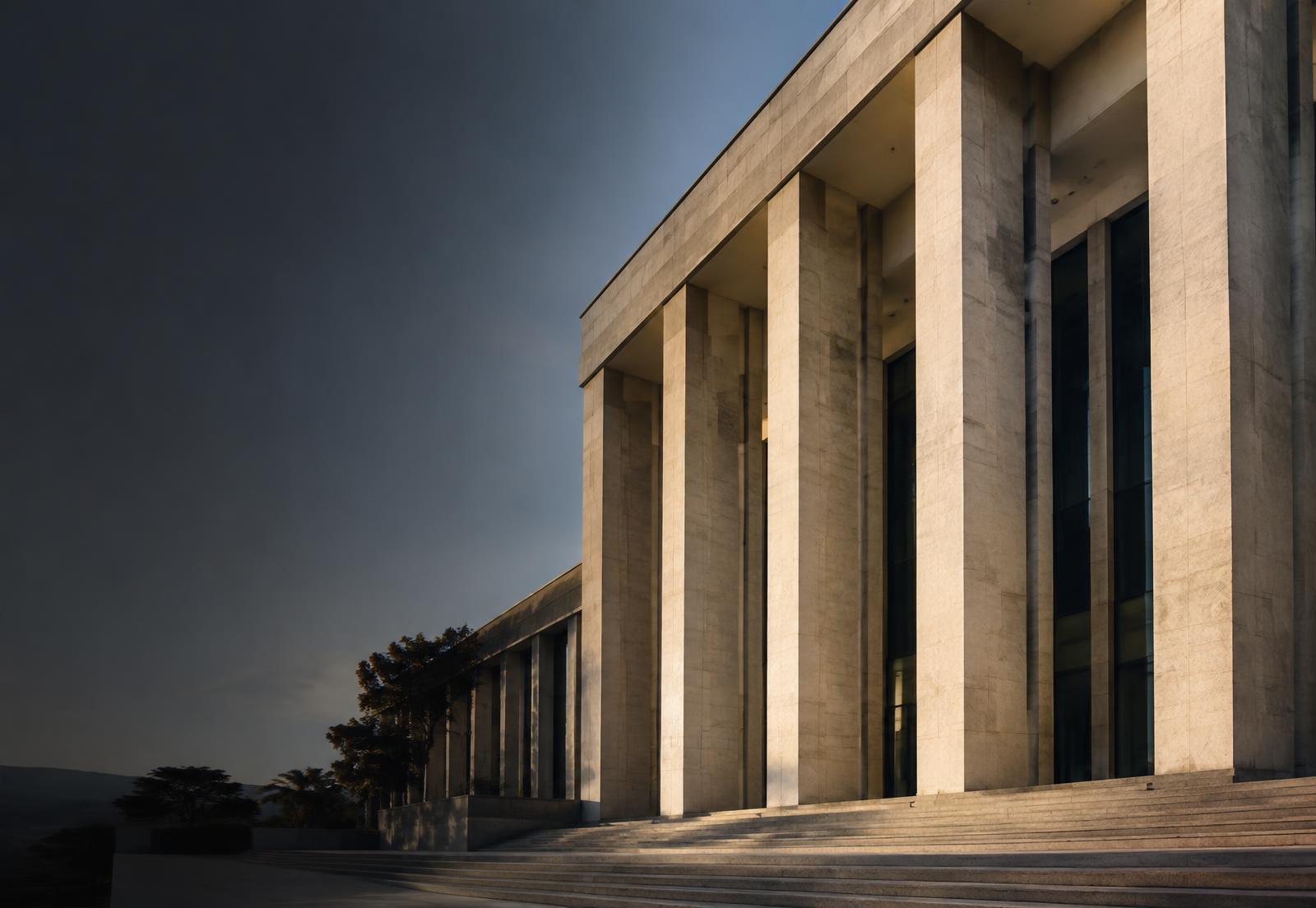Fachada de arquitectura institucional contemporánea iluminada por el sol